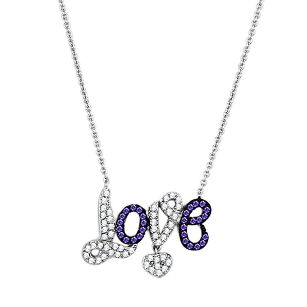 3W414 - Rhodium + Ruthenium Brass Necklace with AAA Grade CZ  in Amethyst
