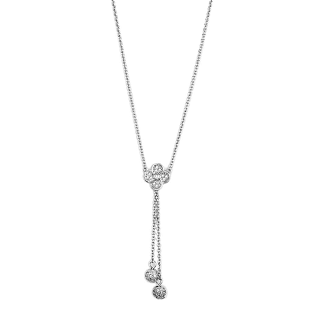 3W424 - Rhodium Brass Necklace with AAA Grade CZ  in Clear
