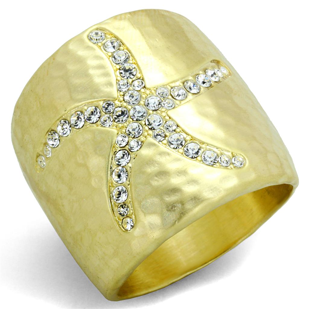 LO3637 - Gold & Brush Brass Ring with Top Grade Crystal  in Clear