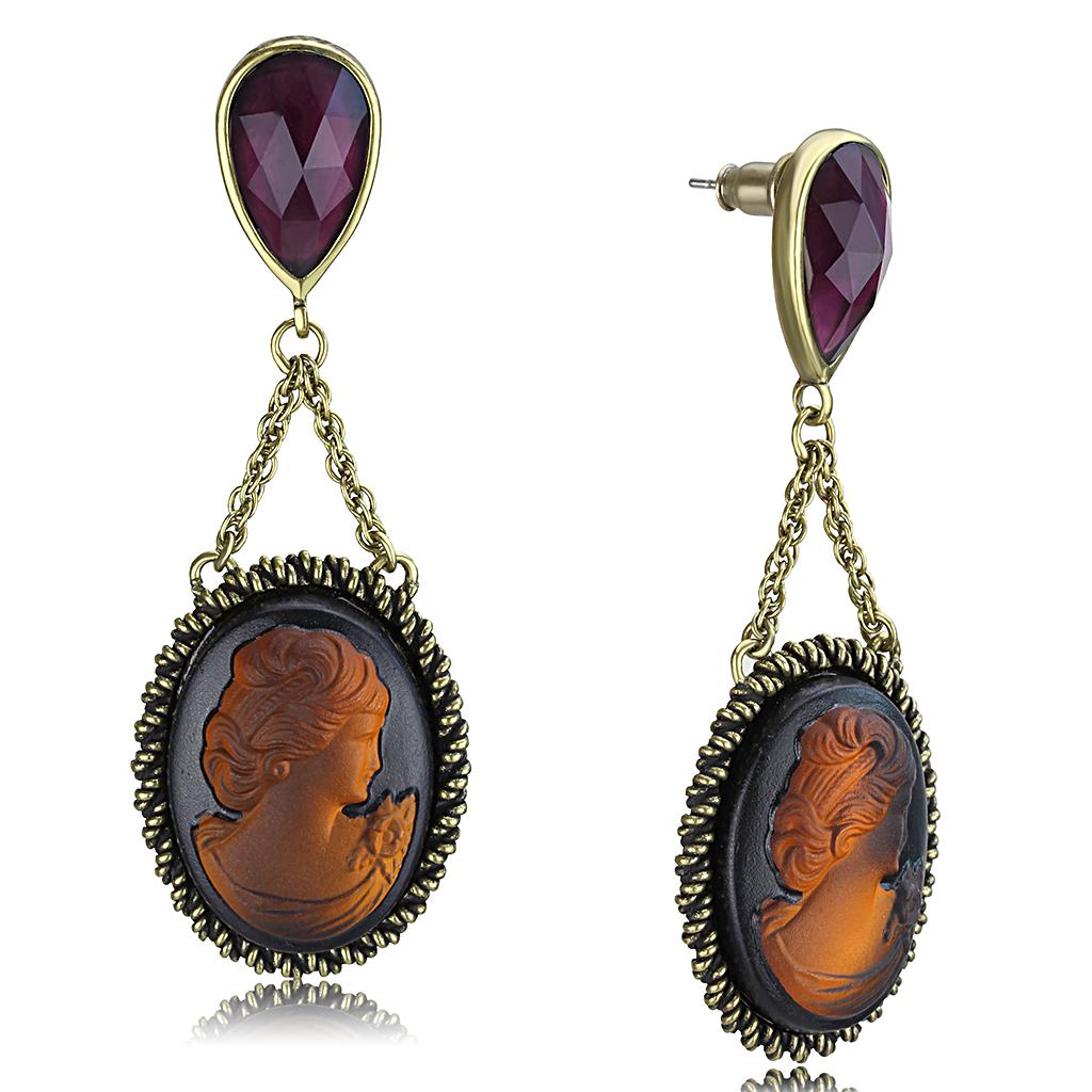 LO4182 - Antique Copper Brass Earrings with Synthetic Synthetic Stone in Smoked Quartz