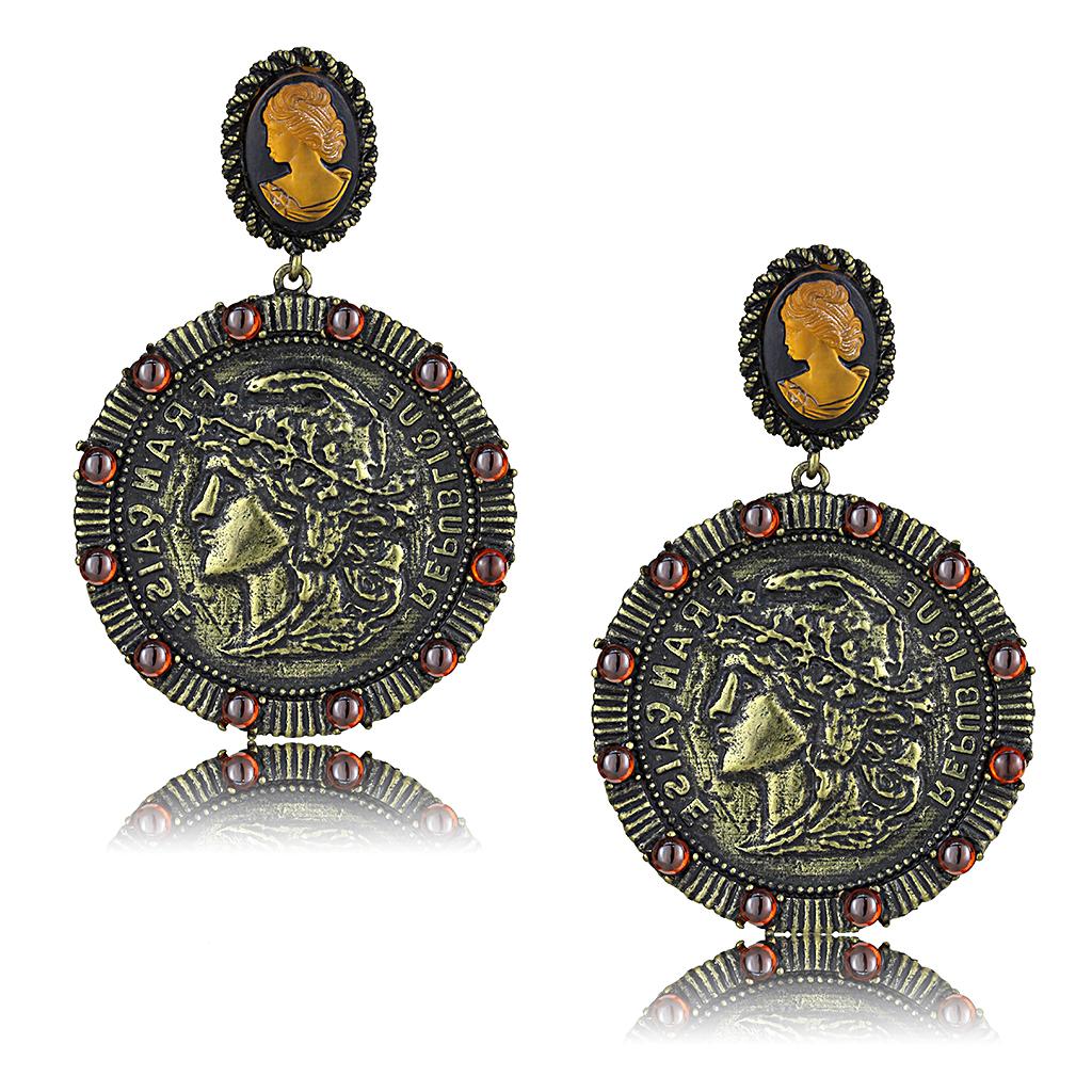 LO4190 - Antique Copper Brass Earrings with Synthetic Synthetic Stone in Smoked Quartz