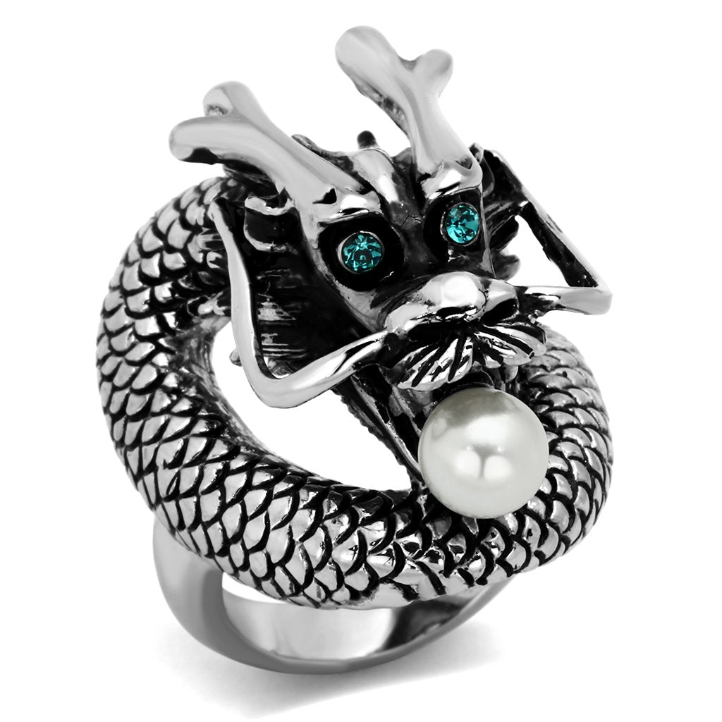 TK1014 - High polished (no plating) Stainless Steel Ring with Synthetic Pearl in White