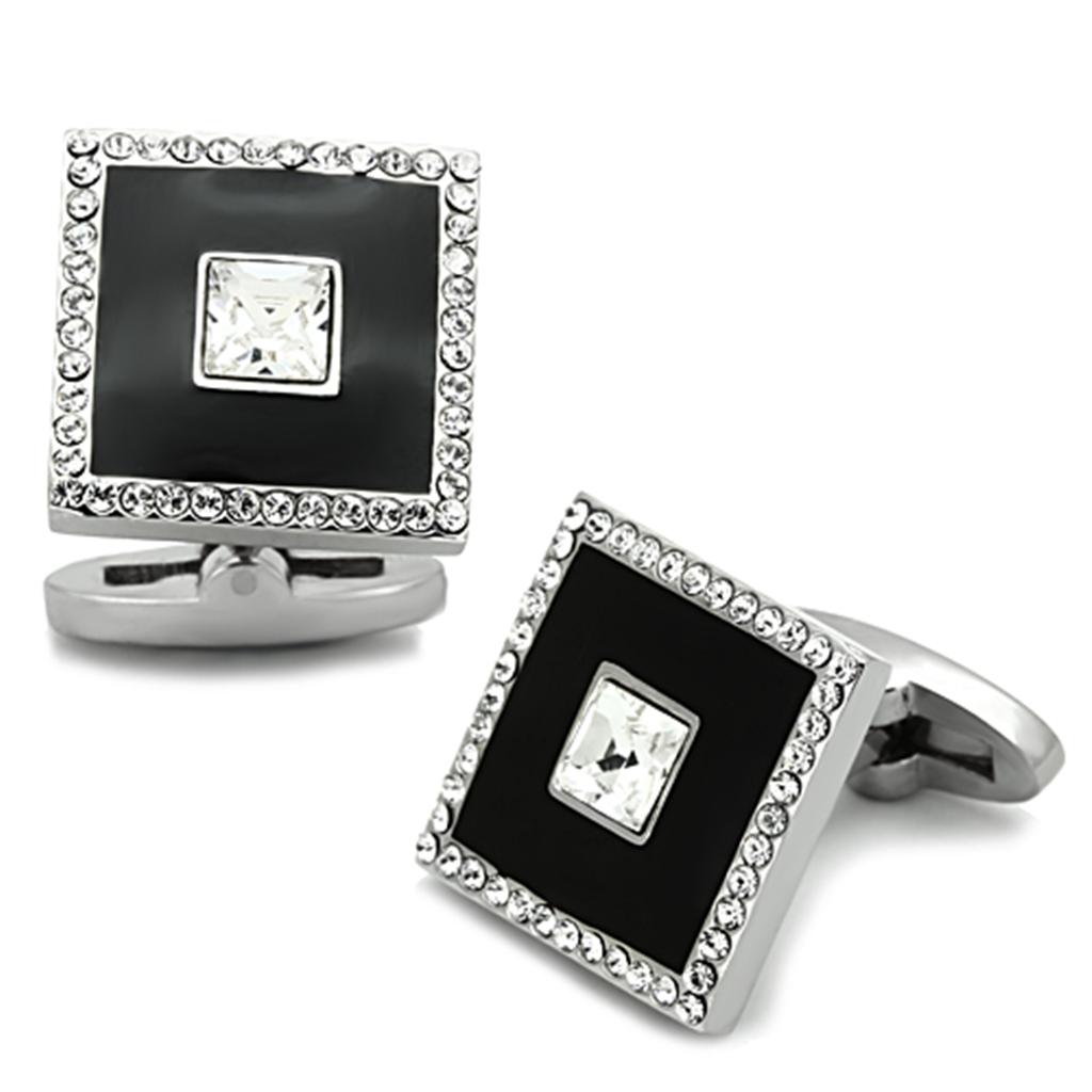 TK1242 - High polished (no plating) Stainless Steel Cufflink with Top Grade Crystal  in Clear