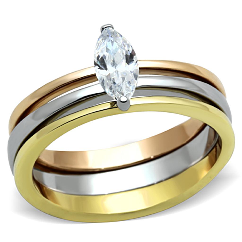 TK1276 - Three Tone IPÃ¯Â¼Ë†IP Gold & IP Rose Gold & High Polished) Stainless Steel Ring with AAA Grade CZ  in Clear