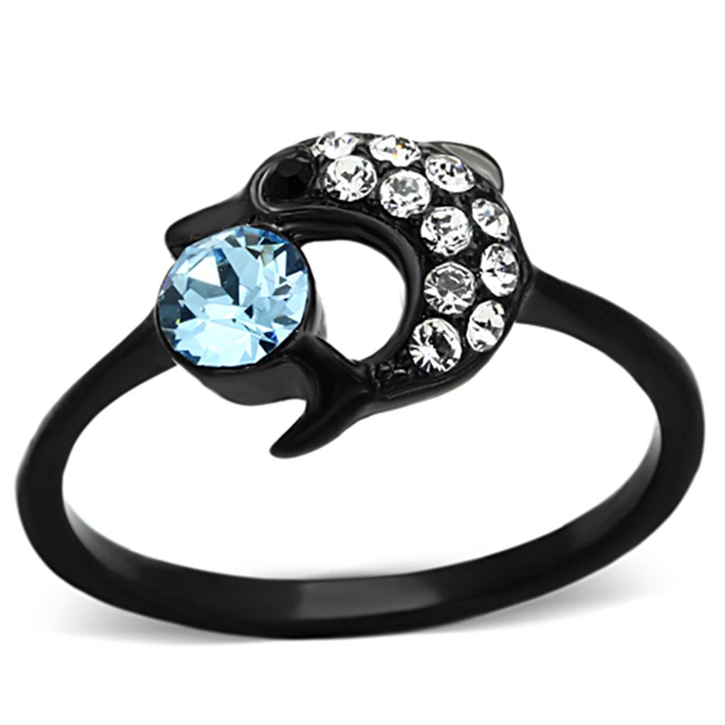 TK1302 - IP Black(Ion Plating) Stainless Steel Ring with Top Grade Crystal  in Sea Blue