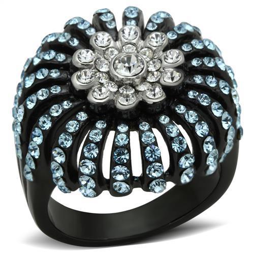 TK1442 - Two-Tone IP Black Stainless Steel Ring with Top Grade Crystal  in Sea Blue