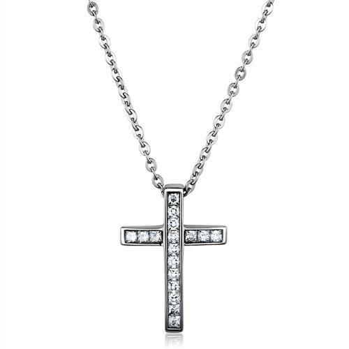 A necklace with a cross charm encrusted with CZ