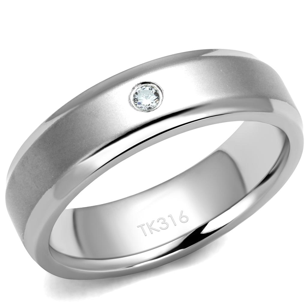 TK2934 - High polished (no plating) Stainless Steel Ring with AAA Grade CZ  in Clear