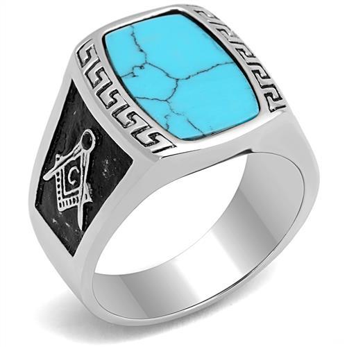 TK3044 - High polished (no plating) Stainless Steel Ring with Synthetic Turquoise in Sea Blue