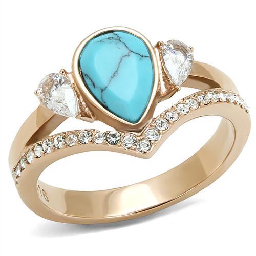 TK3200 - IP Rose Gold(Ion Plating) Stainless Steel Ring with Synthetic Turquoise in Sea Blue