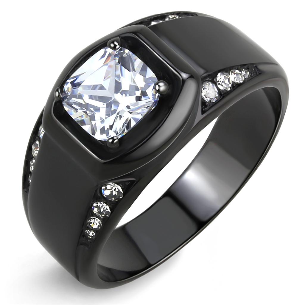 TK3467 - IP Black(Ion Plating) Stainless Steel Ring with AAA Grade CZ  in Clear