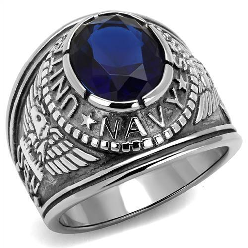 TK414707 - High polished (no plating) Stainless Steel Ring with Synthetic Synthetic Glass in Sapphire