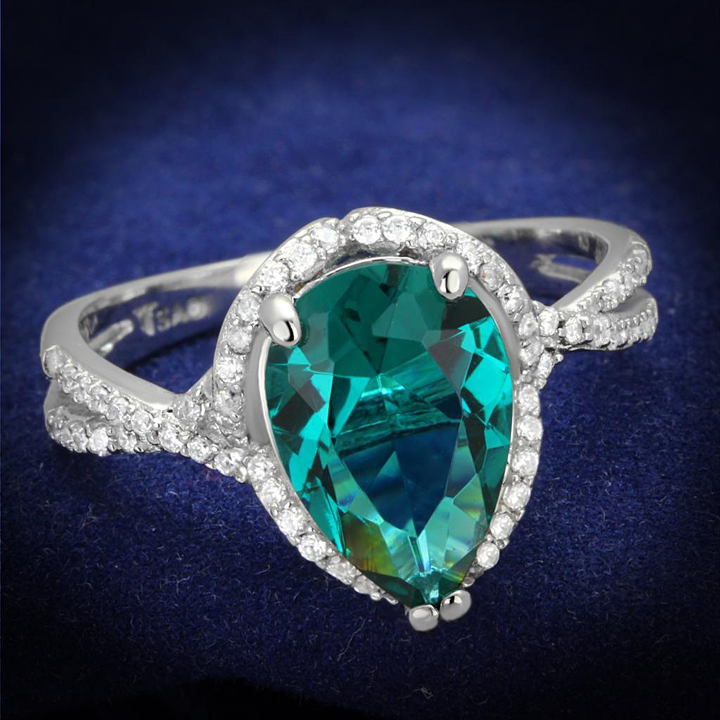 TS394 - Rhodium 925 Sterling Silver Ring with Synthetic Synthetic Glass in Blue Zircon