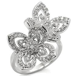 0W336 - Rhodium Brass Ring with AAA Grade CZ  in Clear
