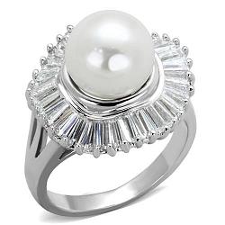 3W1073 - Rhodium Brass Ring with Synthetic Pearl in White