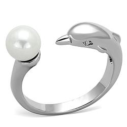 3W587 - Rhodium Brass Ring with Synthetic Pearl in White