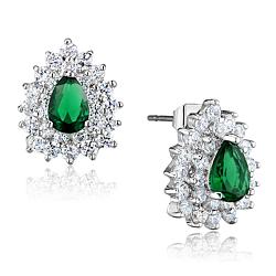 3W656 - Rhodium Brass Earrings with Synthetic Synthetic Glass in Emerald