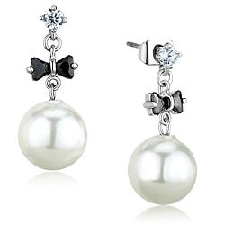 3W676 - Rhodium Brass Earrings with Synthetic Pearl in White