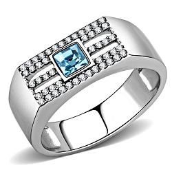 DA283 - High polished (no plating) Stainless Steel Ring with Top Grade Crystal  in Sea Blue