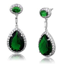 LO3762 - Rhodium Brass Earrings with Synthetic Synthetic Glass in Emerald