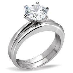 TK097 - High polished (no plating) Stainless Steel Ring with AAA Grade CZ  in Clear